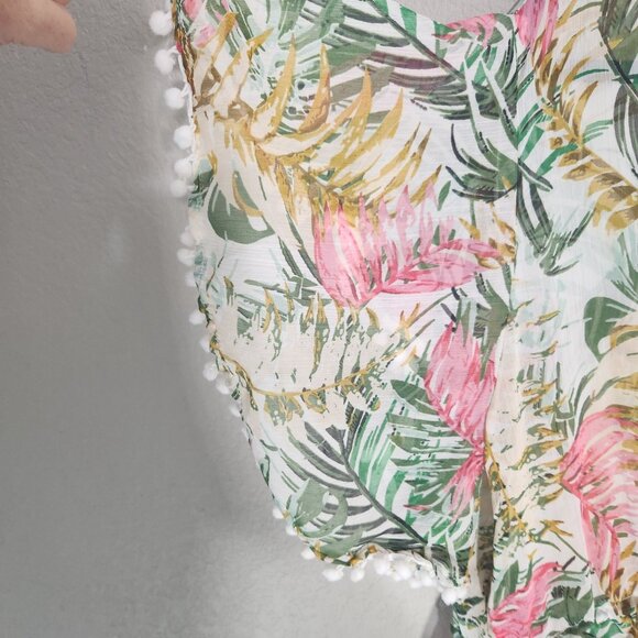 Nine West Sheer Kimono Cardigan Tropical Print Pom-Pom Cover-Up Drawstring O/S - Picture 6 of 11